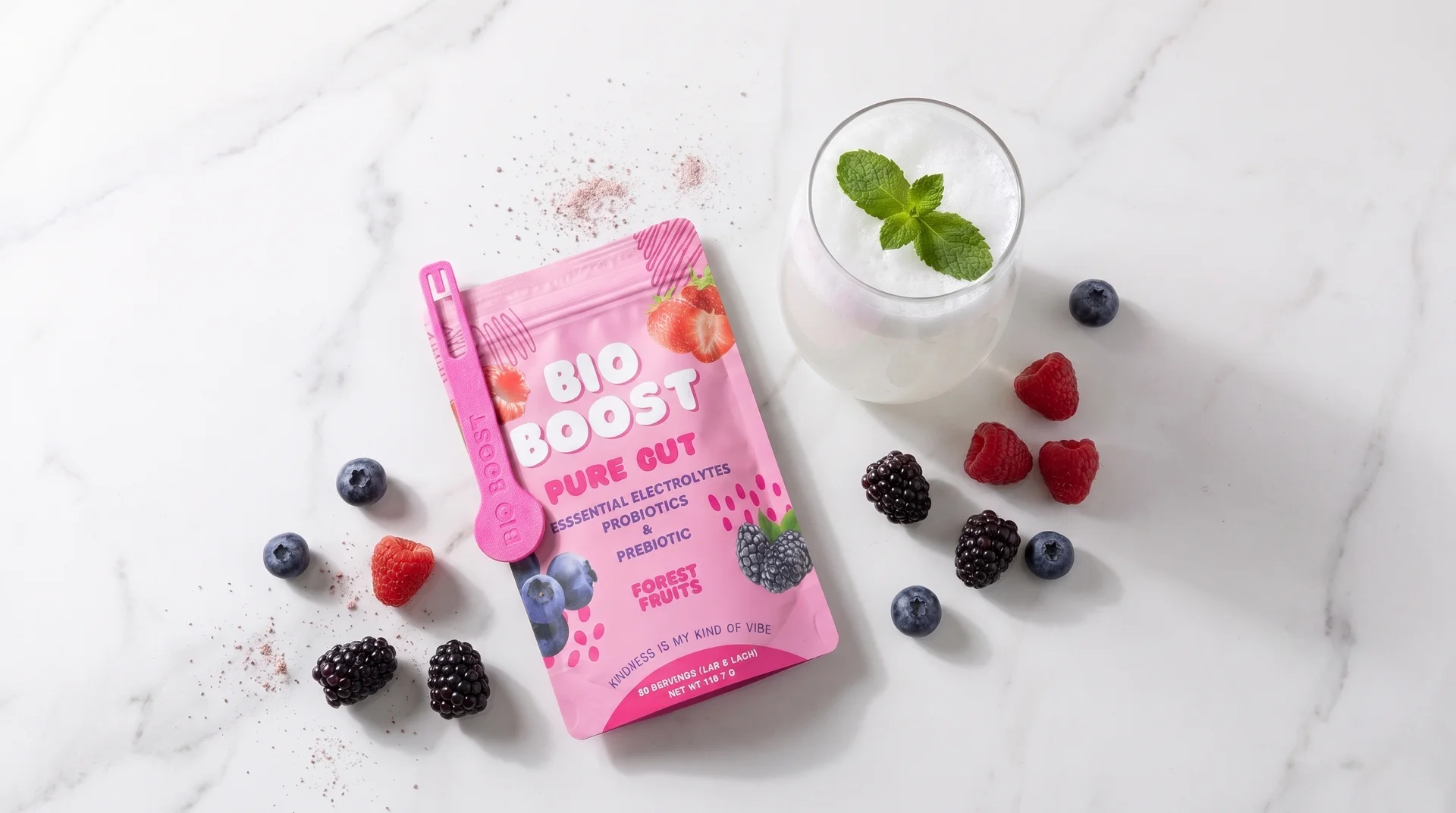 BioBoost Pure Gut с горски плодове и приготвена напитка