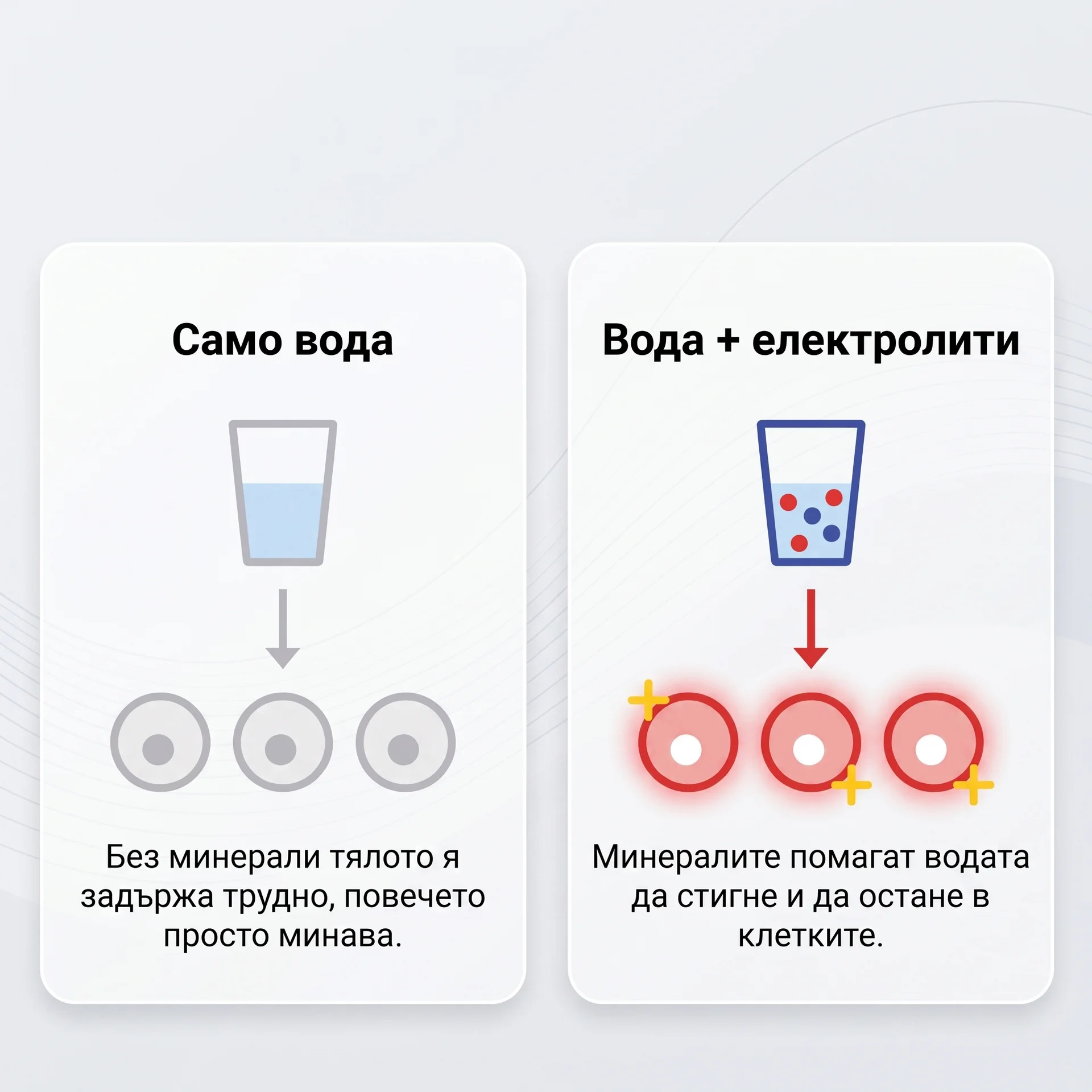 Само вода срещу вода с електролити — как минералите помагат на водата да стигне до клетките